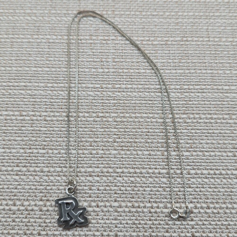 18 Inch Sterling Silver Tarnished Rx Pendant Necklace A4535